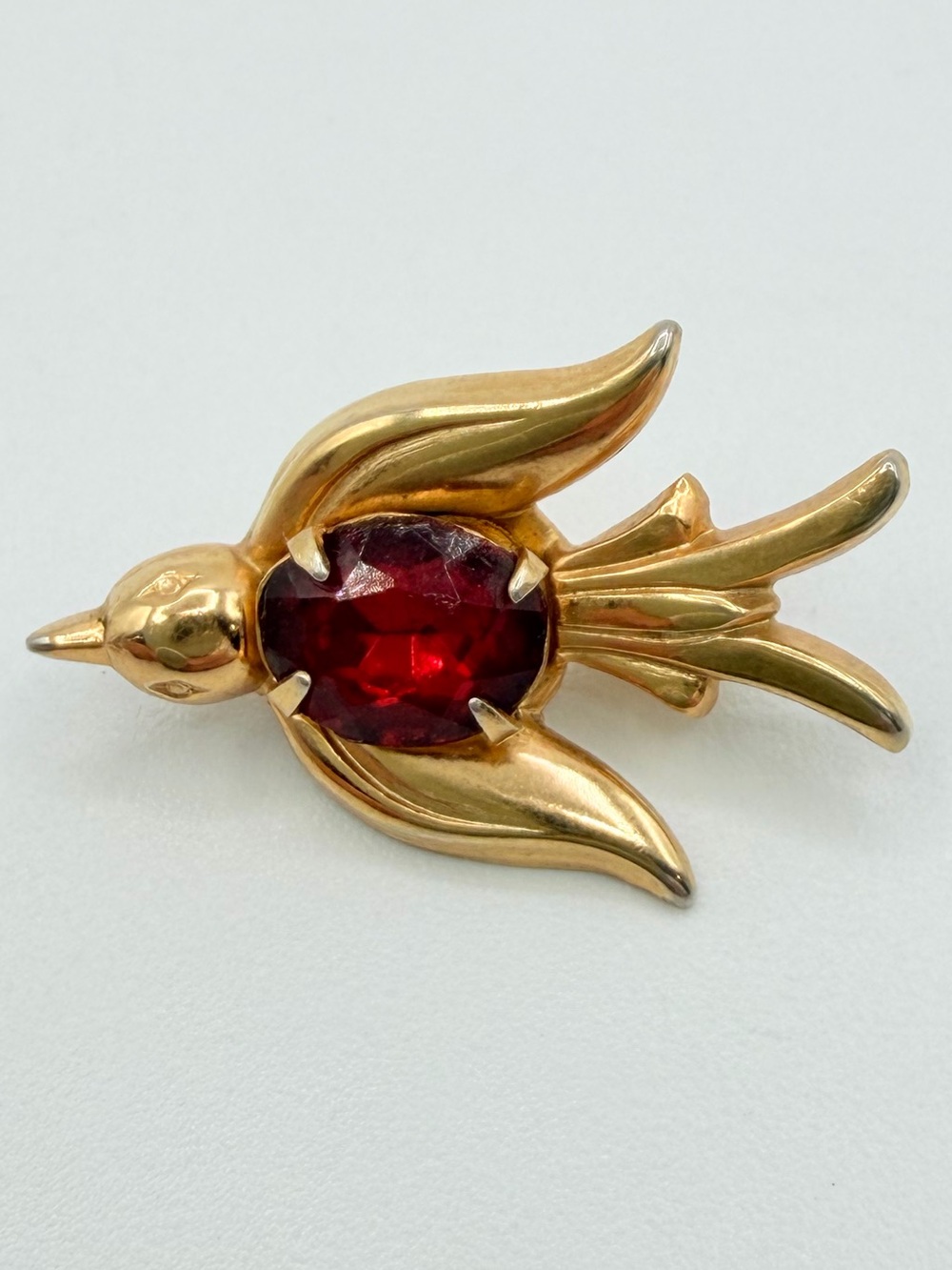 Coro Vintage Gold-Tone Flying Bird Red Rhinestone Brooch